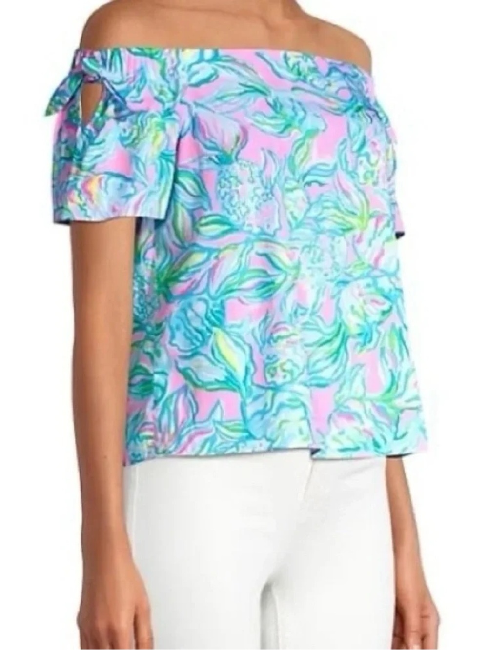 Lilly Pulitzer Off-Shoulder Floral Top Pink Aqua Fish Coyfish tropical NWT XL